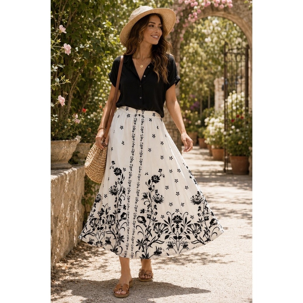 Deja Bleu XL Black White Floral Cotton A-Line Midi Skirt Boho Cottagecore India